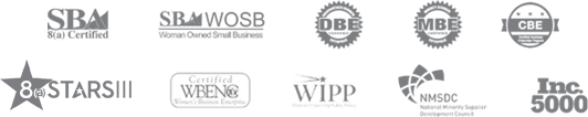 Various certification logos including: SBA 8(a); SBA Certified Woman Owned Small Business ; DBE; MBE; CBE, WBENC; WIPP; Inc 5000